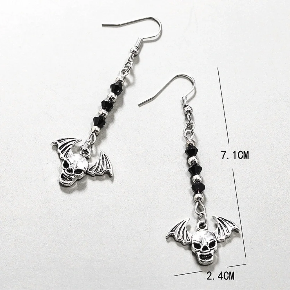 Silver/Black Winged Skull Drop Earrings